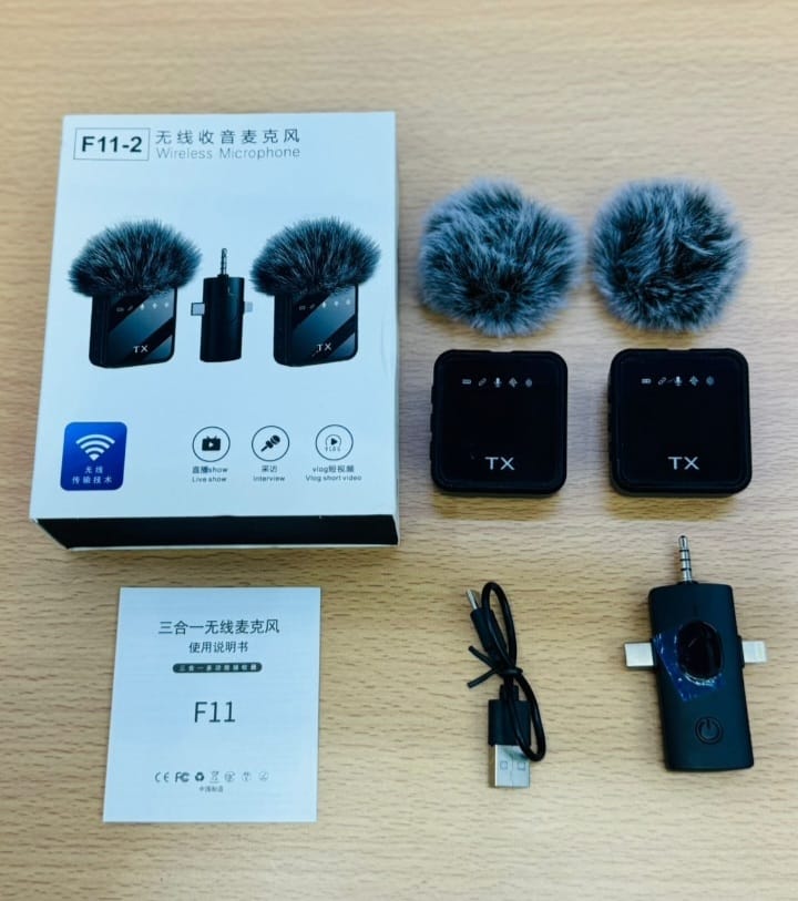 F11-2 Wireless Collar Microphone for iPhone/Android/Type C, Mini 2 Mic for Record Interview, Mic for Vlogs, YouTube, Tiktok, Plug and Play, Connector 3 in 1