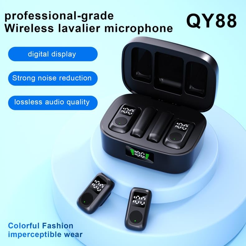 QY88 Wireless Lavalier Microphone with Charging Case, Dual Clip-On Mic, Digital Display, Noise Cancellation, 2.4GHz Plug & Play Microphone for iPhone, Android, YouTube, TikTok, Interviews & Live Streaming